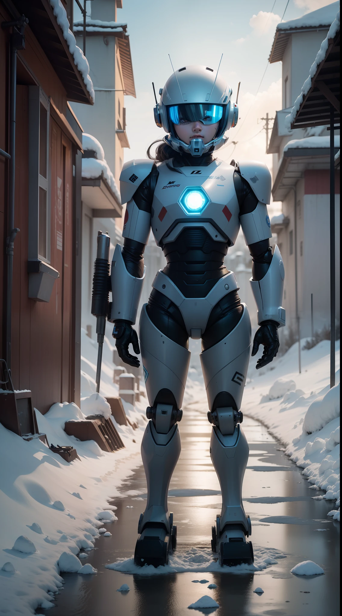 a small robot, solo, standingn, rio congelado, neve (mechanical parts, ciborgue, android), (obra-prima: 1,2), melhor qualidade, obra-prima, highres, original, papel de parede extremamente detalhado, perfect lighting, (CG extremamente detalhado: 1.2),