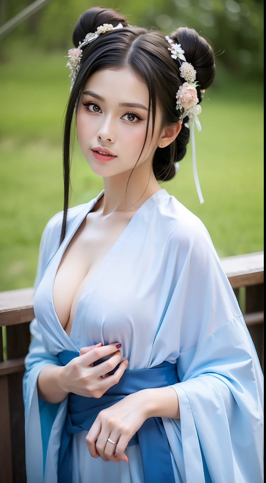 Fashion model  [[[[closeup cleavage]]]], [[[[boobgasm]]]], [[[[coll]]]], [[[[bshoulders]]]], perfect  eyes, Perfect iris，perfect lips，perfect teeth，Perfect skin，Long face，Soft front light，HDR，filmgirl，Double bun，Bamboo leaves in the background，（pastel colour：1.2）