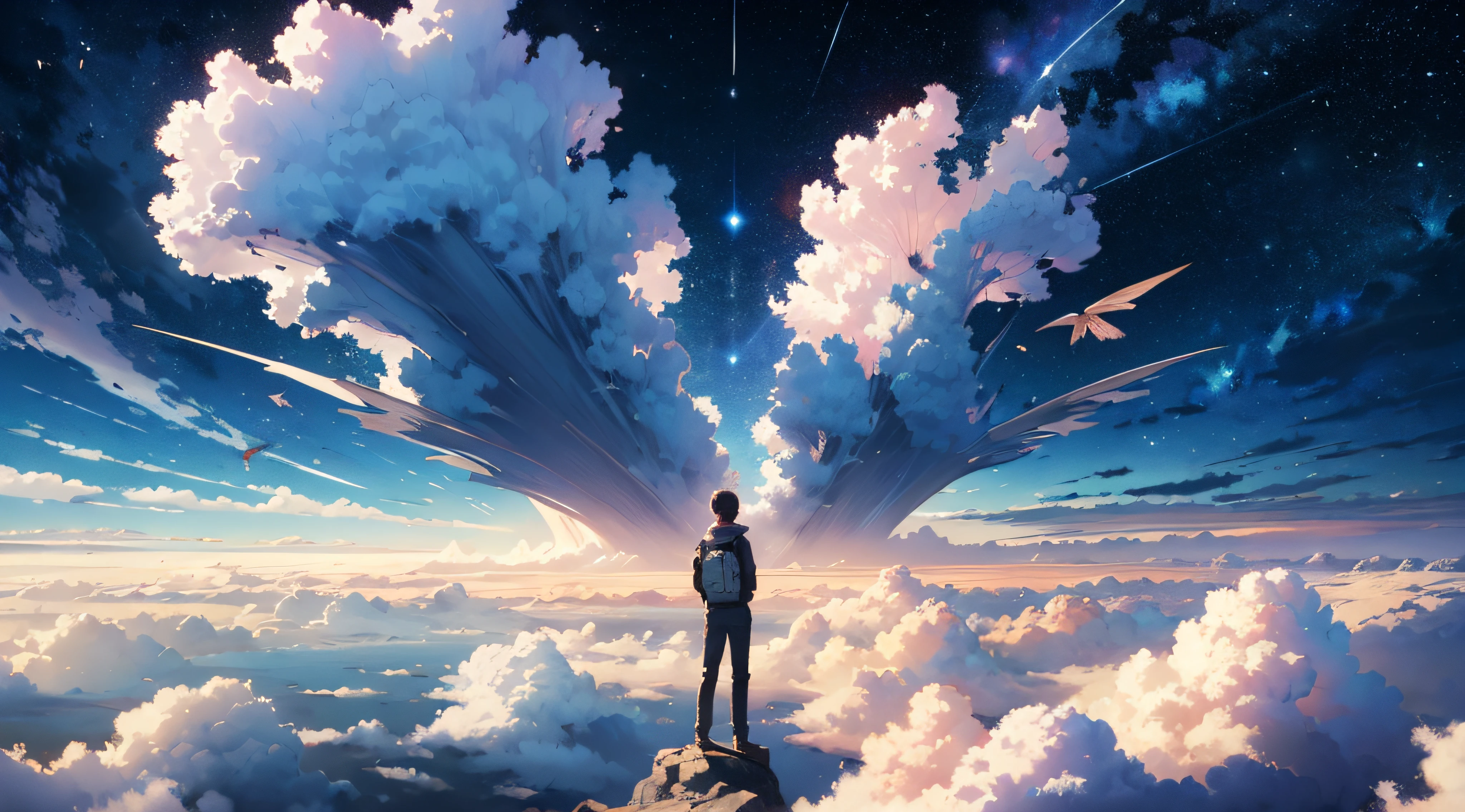 Ridiculous resolution, A high resolution, (Masterpiece:1.4), ultra - detailed, 1boy, looking from above, the space, afloat， ，depth of fields，maximum definition and sharpness，perfectly proportions，Fluttering clouds，Wallpapers，8K，dream magical， --v 6