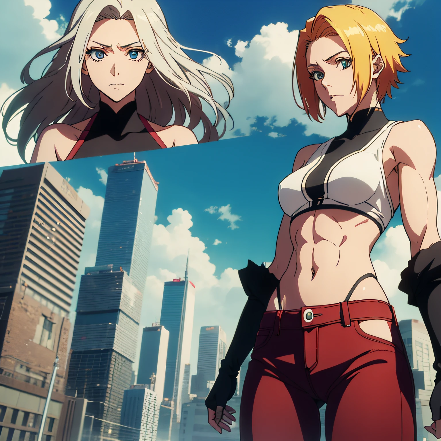 somente uma mulher adulta por volta dos 30, needs to be tall and muscular with athletic and defined body, wearing red pants and black top, possuir seios grandes, Parecendo Annie Leonhart, protagonista feminina, Rei Hiroe, Android 18, yuki tsukumo, Tite Kubo, Gege Akutami, Personagem de anime feminino, Melhor Design de Personagens de Anime, Estilo anime, Personagem de anime, cinematic lighthing, Epic composition, extremamente detalhado.