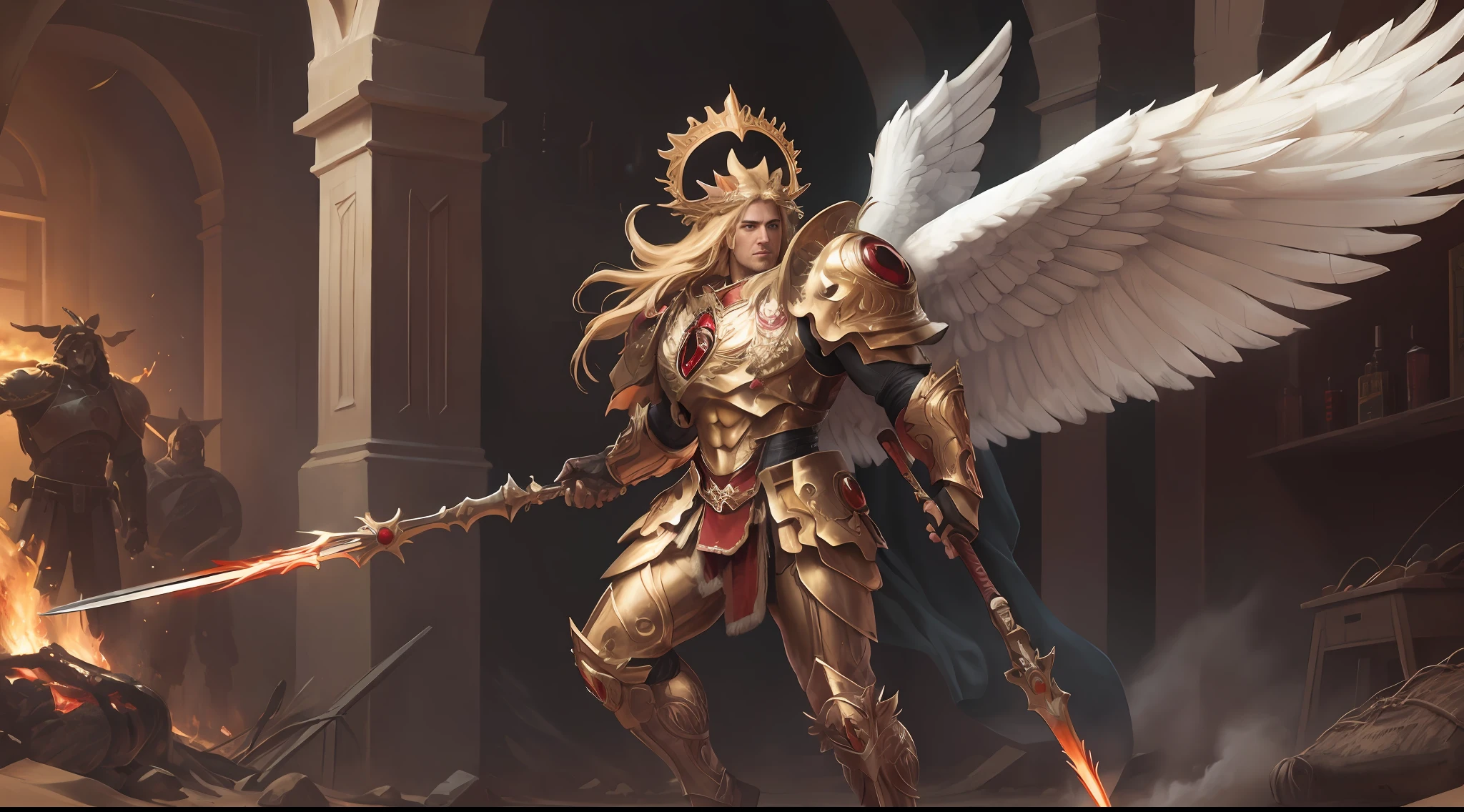 8K masterpiece, detailed, realistic, digital art, octane render, trending on artstation, action SHOT, movie poster,
multipleman, angelic features , 28 years old, tall stature, battle aged, ((solo:1.5)), full body, blonde hair, blue eyes, long hair,
full armor, power armor, laurel wreath, glowing halo, multiple wings, pauldron, angel, animal pelt, sword, spear, 
blood, flame, destruction, desert wasteland, war background,  dueling enemy, hectic battle,  
(sanguinius),
