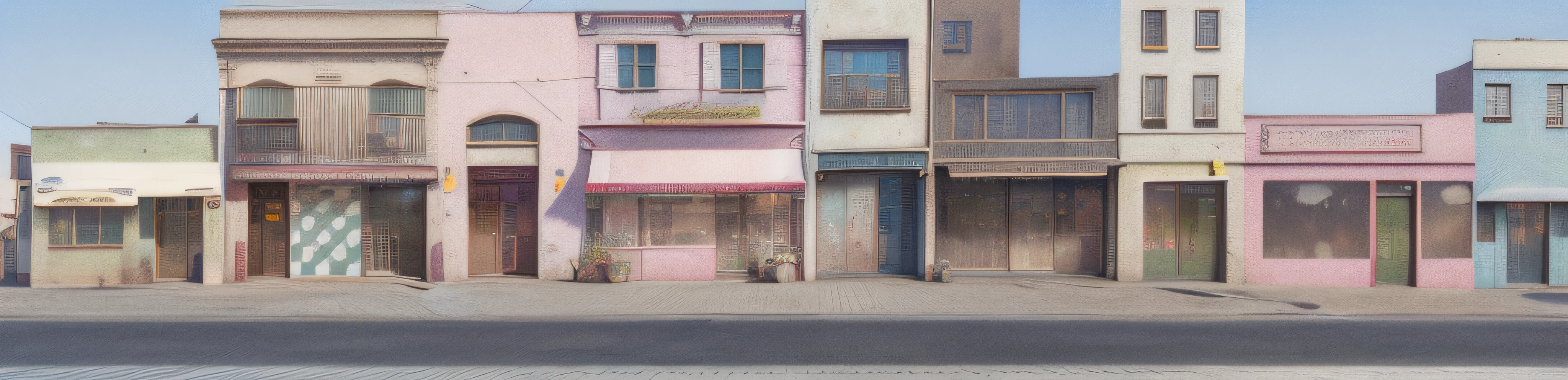 There are many buildings that are painted in different colors, photorealistic streetscape, shop front, city street view background, detailed street, urban street scene, artwork of a building, Granular matte painting, inspired by Wes Anderson, Street background, streetview, shop front, old shops, streetview, detailed digital artwork, Fanart, City streets