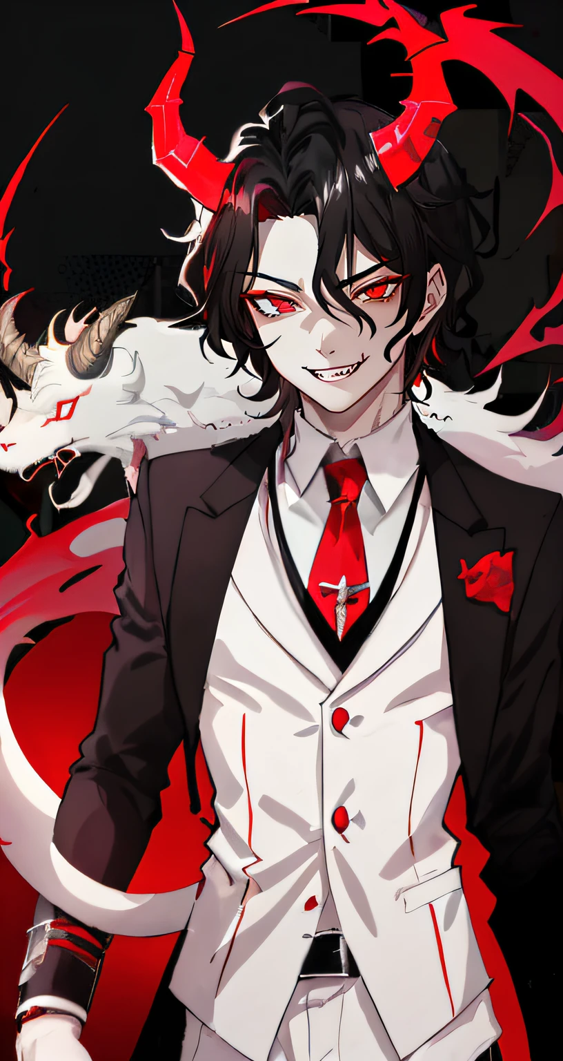 Male, Young, Smirk, Crimson Eyes, Snake Pupils, Snake Eyes, Light Grey Skin, Vampire Fangs