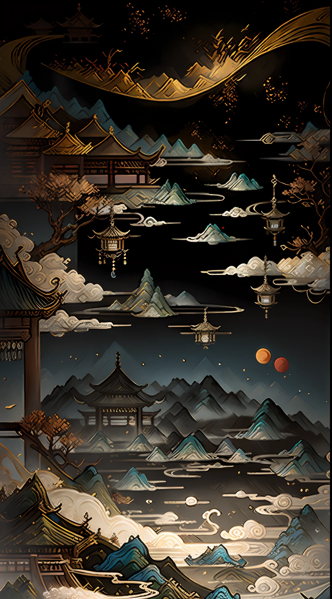 An ancient Chinese painting, ancient Chinese background, mountains, rivers, auspicious clouds, pavilions, sunshine, masterpieces, super detail, epic composition, ultra HD, high quality, extremely detailed, official art, unified 8k wallpaper, Super detail, 32k -- v 6