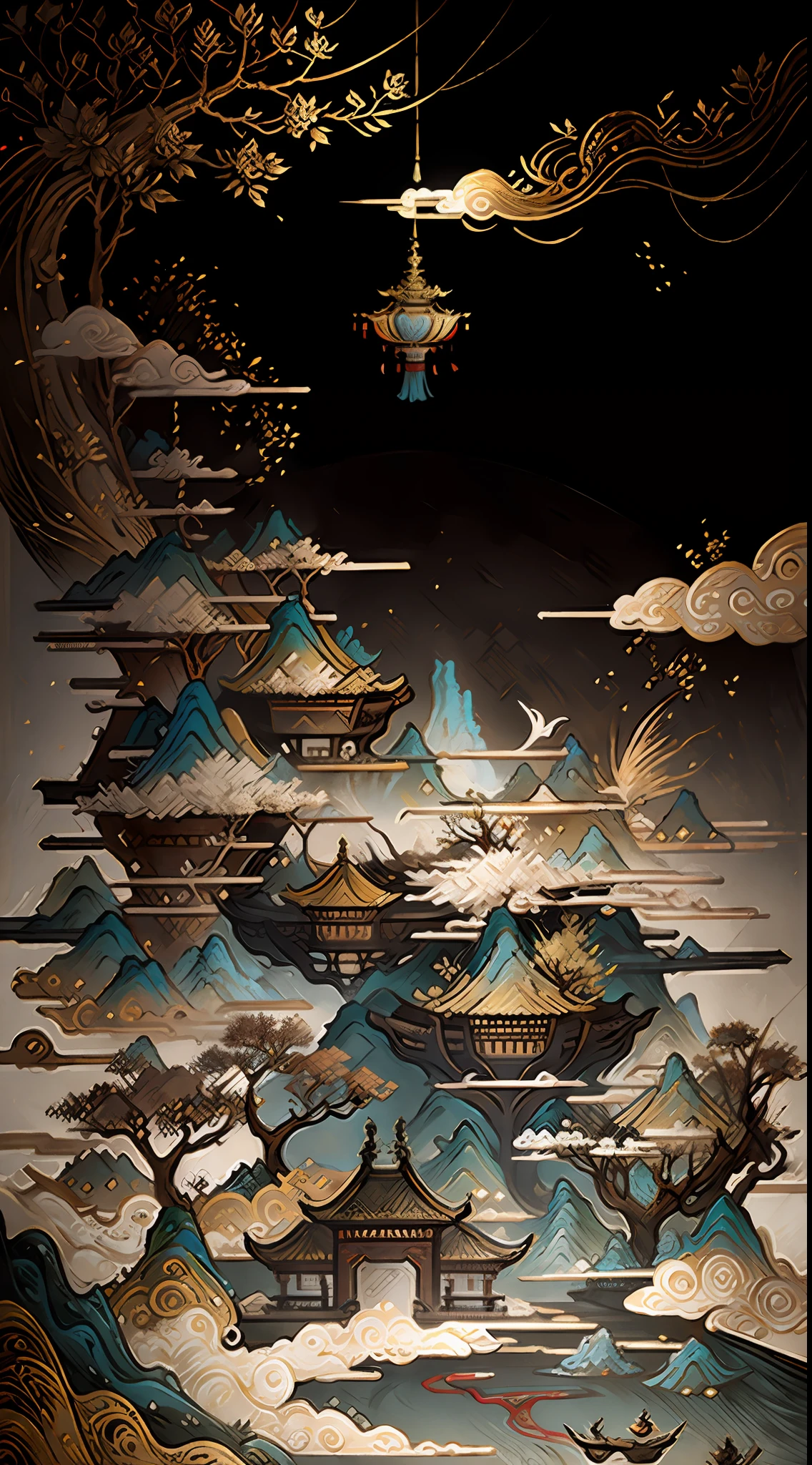 An ancient Chinese painting, ancient Chinese background, mountains, rivers, auspicious clouds, pavilions, sunshine, masterpieces, super detail, epic composition, ultra HD, high quality, extremely detailed, official art, unified 8k wallpaper, Super detail, 32k -- v 6