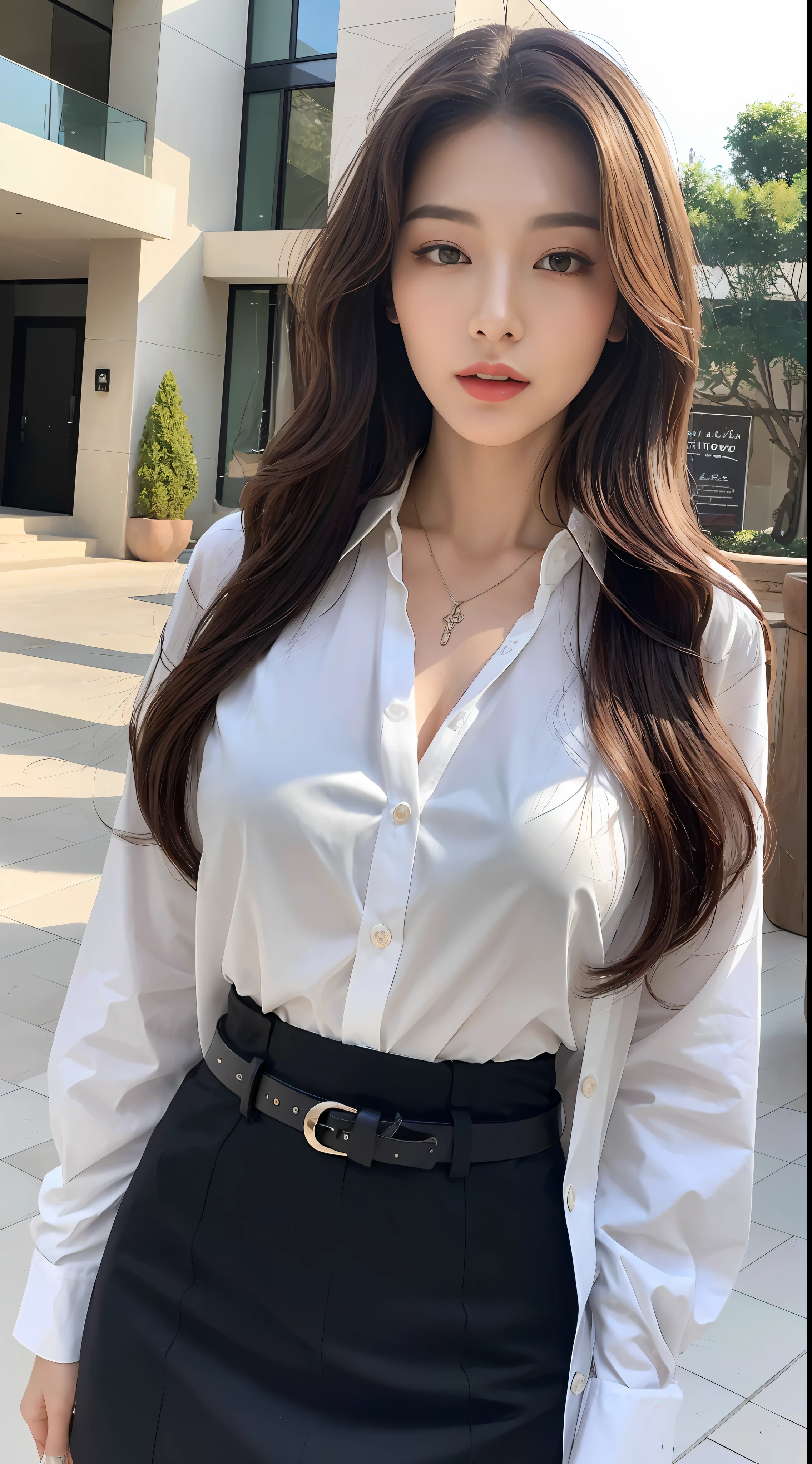 (Best quality, High resolution, Masterpiece :1.3), A tall and pretty woman, Slender abs, Dark brown hair styled in loose waves, Breasts, Wearing pendant, White button up shirt, Belt, Black skirt, (Modern architecture in background), Details exquisitely rendered in the face and skin texture, Detailed eyes, Double eyelid