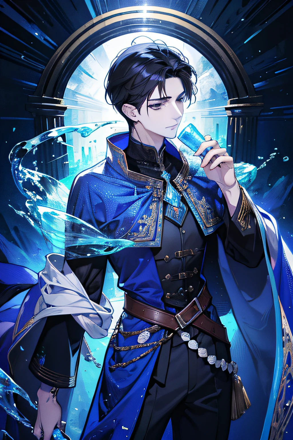 (absurdres, highres, ultra detailed), 1 male, adult, handsome, tall muscular guy, broad shoulders, finely detailed eyes, dark color hair, fantasy, complex pattern, detailed face, throne, magic effect, best ratio four finger and one thumb, ice, bitter cold, cold snap, smile, (dutch angle), closed mouth