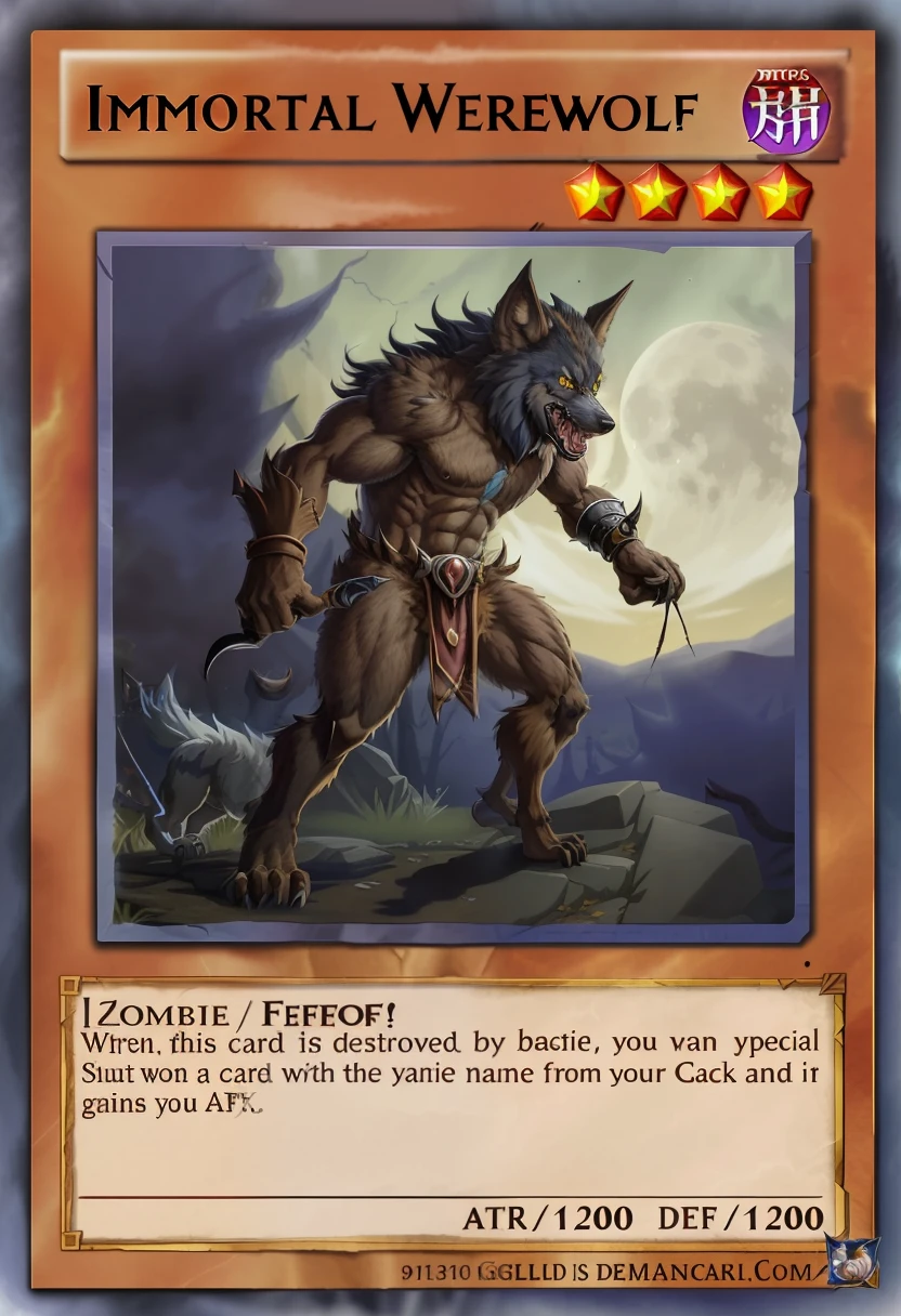 a card with a picture of a werewolf on it, grim - wolf, demon-fang gnoll, a minotaur wolf, yugioh style, muscular werewolf, dire wolf, collectible card art, a humanoid mosquito wolf, yugioh card, an anthropomorphic wolf, goblincore, photo of ghost of anubis