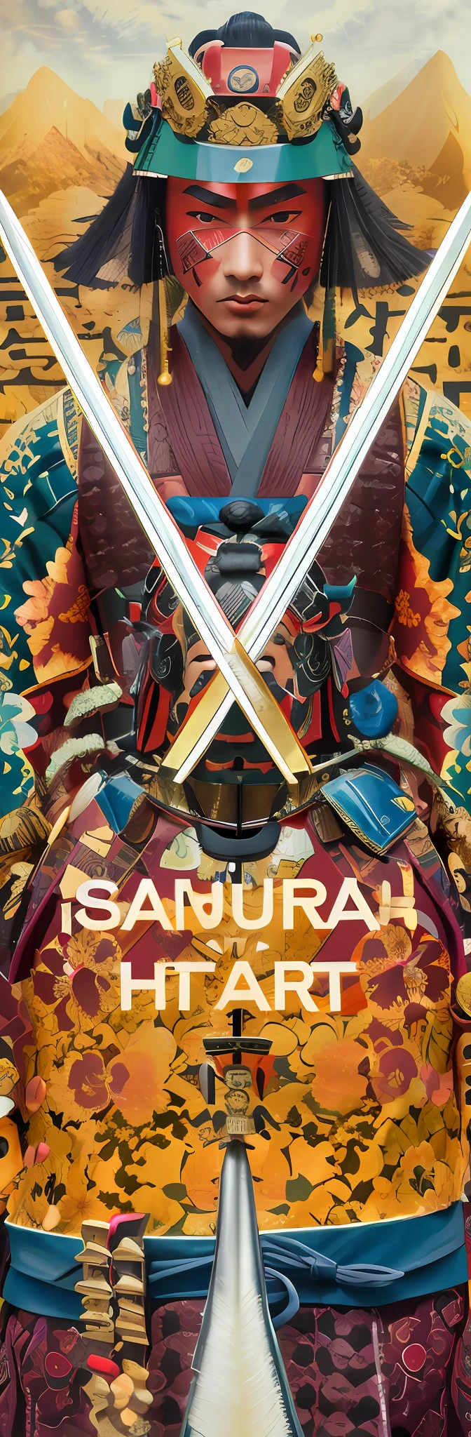 There is a large statue of a man holding two swords, Samurai clothes, Samurai armor, sakura, Samurai style, Samurai vinyl packaging, samurai flight suit, dressed in samurai armour, sasoura, dj sura, wearing samurai armor, Samurai, cyber japan samurai armor, samurai warrior, samurai movie poster, Samurai and Africa, samurai mask, sakura haruno
