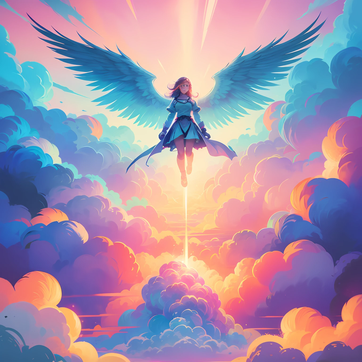 "Various characters ascended in clouds, awaiting your companions in heaven. Colorful sky with vibrant tones, luz suave, Amazing details and impressive quality." --auto