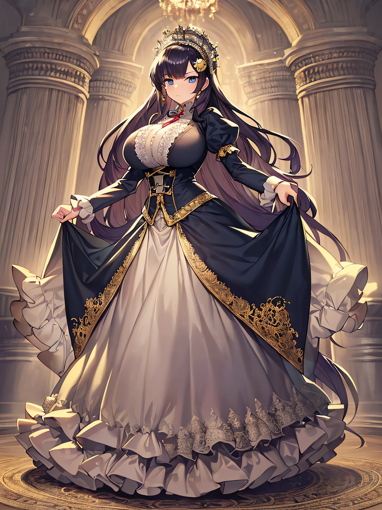 ((anime artstyle)),(Masterpiece),(Best Quality), (Super Detail),((Very Delicate and Beautiful)),((Solo)),((full body)),((1 princess in victorian dress with voluminous skirt)),detailed face and eyes,jewel-like eyes,((voluminous Very Long Straight Hair)),((gorgeousfull embroidery and lace)),hair ornament,jeweled tiara,ornate ruffles,((gigantic breasts,Long breasts)),skindentation,((full body)),((hoop skirt,crinoline)),standing pose,Dynamic Angle,Looking at viewer,royal palace,((victorian dress with voluminous skirt)),full body