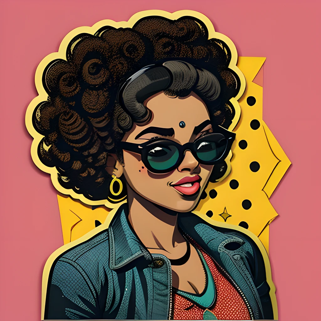 Sticker Wow pop art face. woman with black afro curly hair and sunglasses , Vector background in pop art retro comic dots style