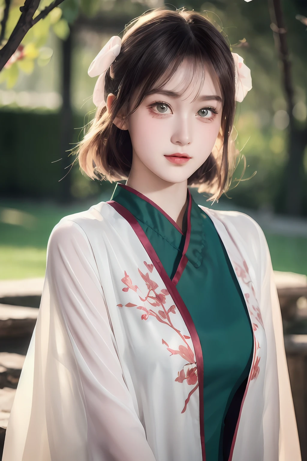 There is a girl in a green dress, plum blossoms, palaces, oriental architecture ray tracing, {best quality}, {{masterpiece}}, extremely detailed 8K wallpaper, {an extremely delicate and beautiful}, colorful, intricately detailed, Realistic, real, camera quality, (detailed depiction of clothes), cool white skin, (detailed depiction of blush), 1080p, sun, soft cuteness, smooth light silver hair, messy beauty, lighting, broken feeling, bright and silky skin , 3D stereoscopic, masterpiece, best quality, super fine illustration, beautiful eyes, very fine light, fine glow, very fine 8K CG wallpaper, peach eyes, red pupils, an extremely delicate and beautiful girl, 8k Wallpaper, best quality, full body close-up, white long dress, luxurious silky bright red chiffon floodlight (magic, glitter, ultra-thin, soft,) Hanfu