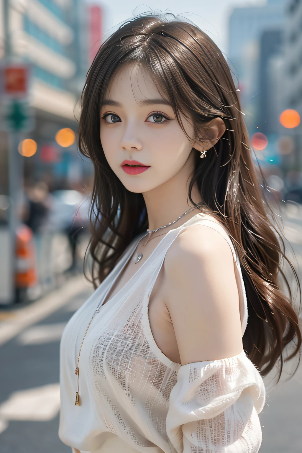 （tmasterpiece：1.4），（8k，realisticlying，RAW photos，best qualtiy：1.4） RAW photogr， best qualtiy， tmasterpiece， 超高分辨率，Urban Beautiful Girl College Student，tmasterpiece，Light makeup，Redlip，Silvery hair，Messy long hair，streets background，gracefulness，Elegance。ultra fine detailed，Works of masters，Authentic texture，Cinematic lighting realism，perfect works，8K，k hd，Delicate facial features，White tight open-cut top，Clear white skinny shorts，Slim figure，Big bright eyes，Smooth skin，eardrop，choker necklace，