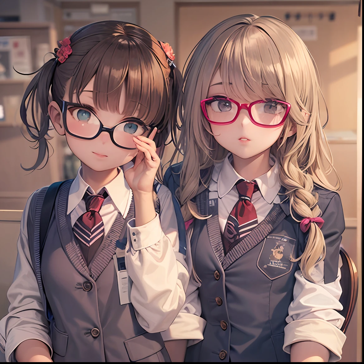 2 girls, one wearing glasses, dressed in school uniforms, one as a teacher and the other as a student.