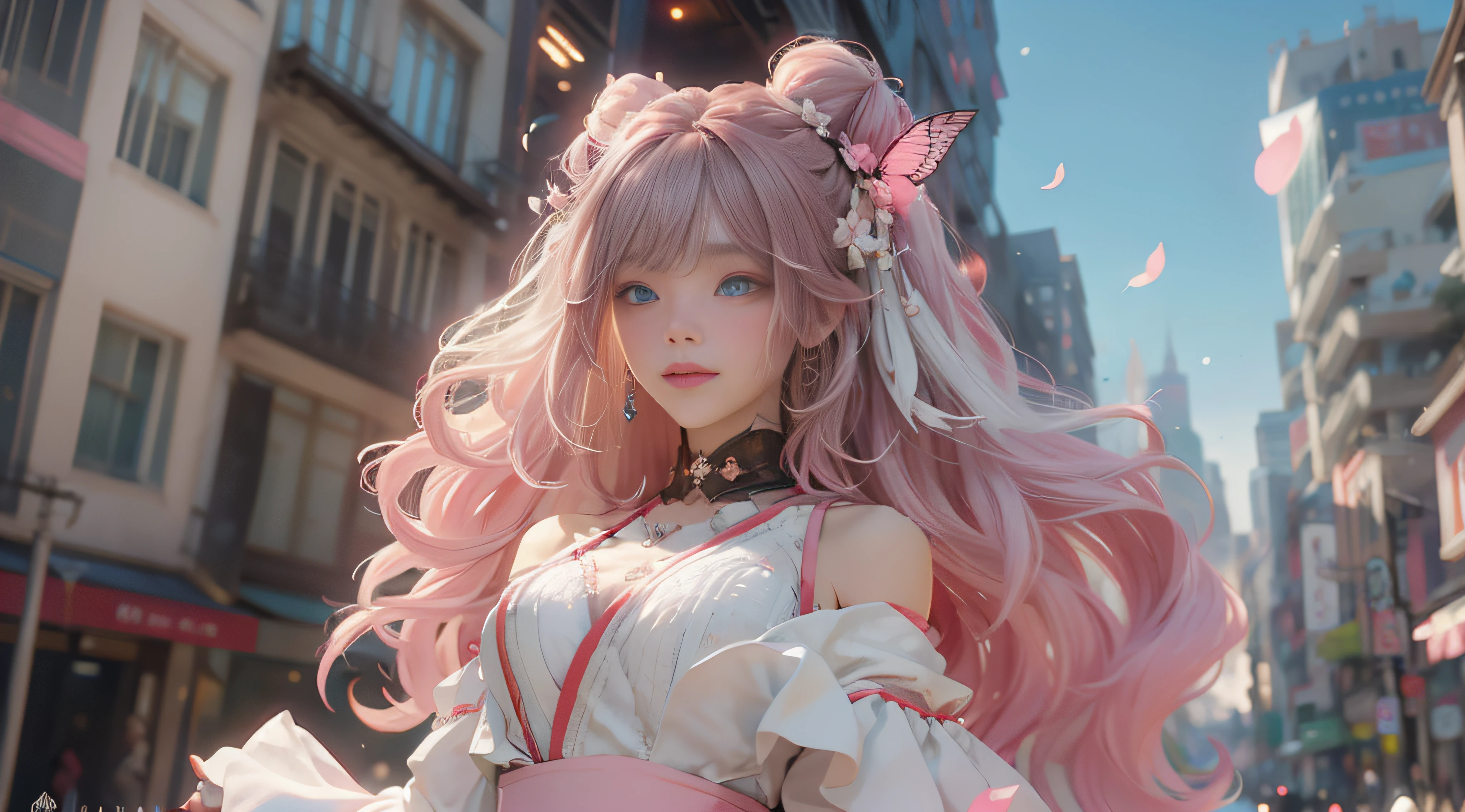 ((best qualtiy)), ((tmasterpiece)), (detail:1.4), Beautiful cyberpunk female images,hdr(HighDynamicRange),Ray traching,NVIDIA RTX,Hyper-Resolution,illusory 5,sub surface scattering,PBR textures,post-proces,Anisotropy Filtering,depth of fields,maximum definition and sharpness,Many-Layer Textures,Albedo e mapas Speculares,Surface coloring,Mitsu-Accurate simulation of material interactions,perfectly proportioned,rendering by octane,Two-colored light,largeaperture,Low ISO,White balance,Rule three points、8K raw data、Beautiful bright blue pupils,off-the-shoulder clothes,Fine pupils,Delicate face and eyes,long eyelasher,Blushlush,Delicate and fluffy hair,pink lip,Pure,Cute face,Sweet girl,Artistic sense,Casual wear,Advancedsense,butterflys,Cherry blossom petal,Beautiful hair accessories,Long hair and waist,Hair fluttering in the wind,Snow-white fox ears,curlies,Lots of white and pink,Complicated details