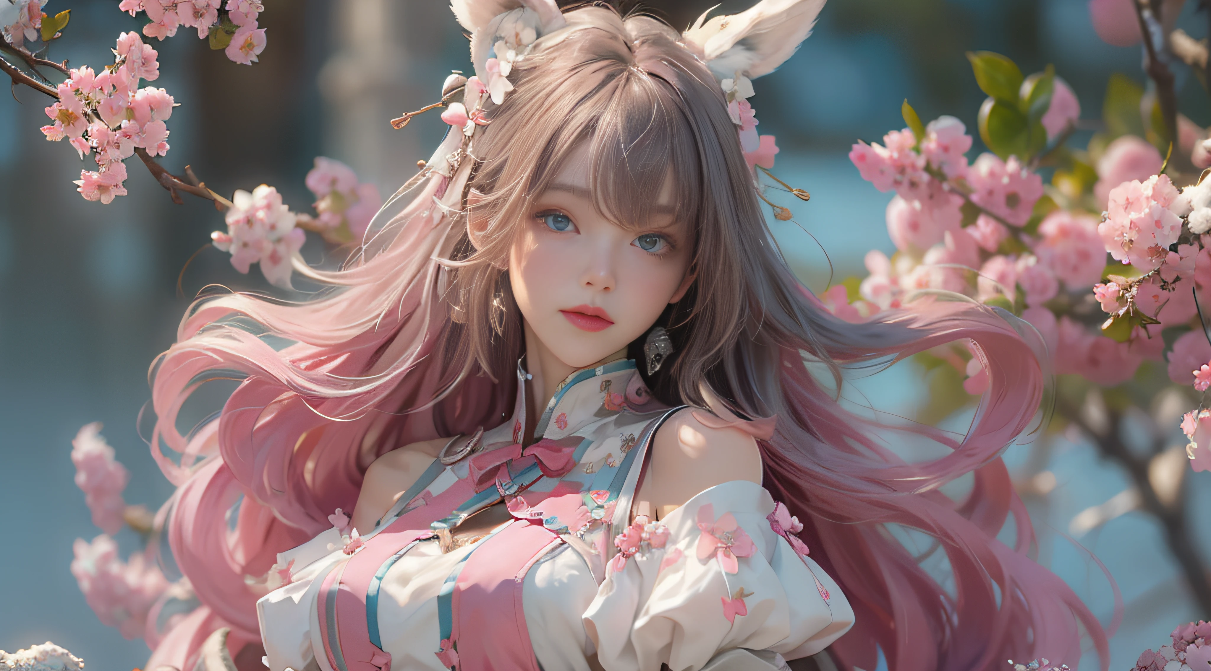 （（best qualtiy））， （（tmasterpiece））， （detail：1.4）， Beautiful cyberpunk female images，hdr（HighDynamicRange），Ray traching，NVIDIA RTX，Hyper-Resolution，illusory 5，sub surface scattering，PBR textures，post-proces，Anisotropy Filtering，depth of fields，maximum definition and sharpness，Many-Layer Textures，Albedo e mapas Speculares，Surface coloring，Mitsu-Accurate simulation of material interactions，perfectly proportioned，rendering by octane，Two-colored light，largeaperture，Low ISO，White balance，Rule three points、8K raw data、Beautiful bright blue pupils，off-the-shoulder clothes，Fine pupils，Delicate face and eyes，long eyelasher，Blushlush，Delicate and fluffy hair，pink lip，Pure，Cute face，Sweet girl，Artistic sense，Casual wear，Advancedsense，butterflys，Cherry blossom petal，Beautiful hair accessories，Long hair and waist，Hair fluttering in the wind，Snow-white fox ears，curlies，Lots of white and pink，Complicated details