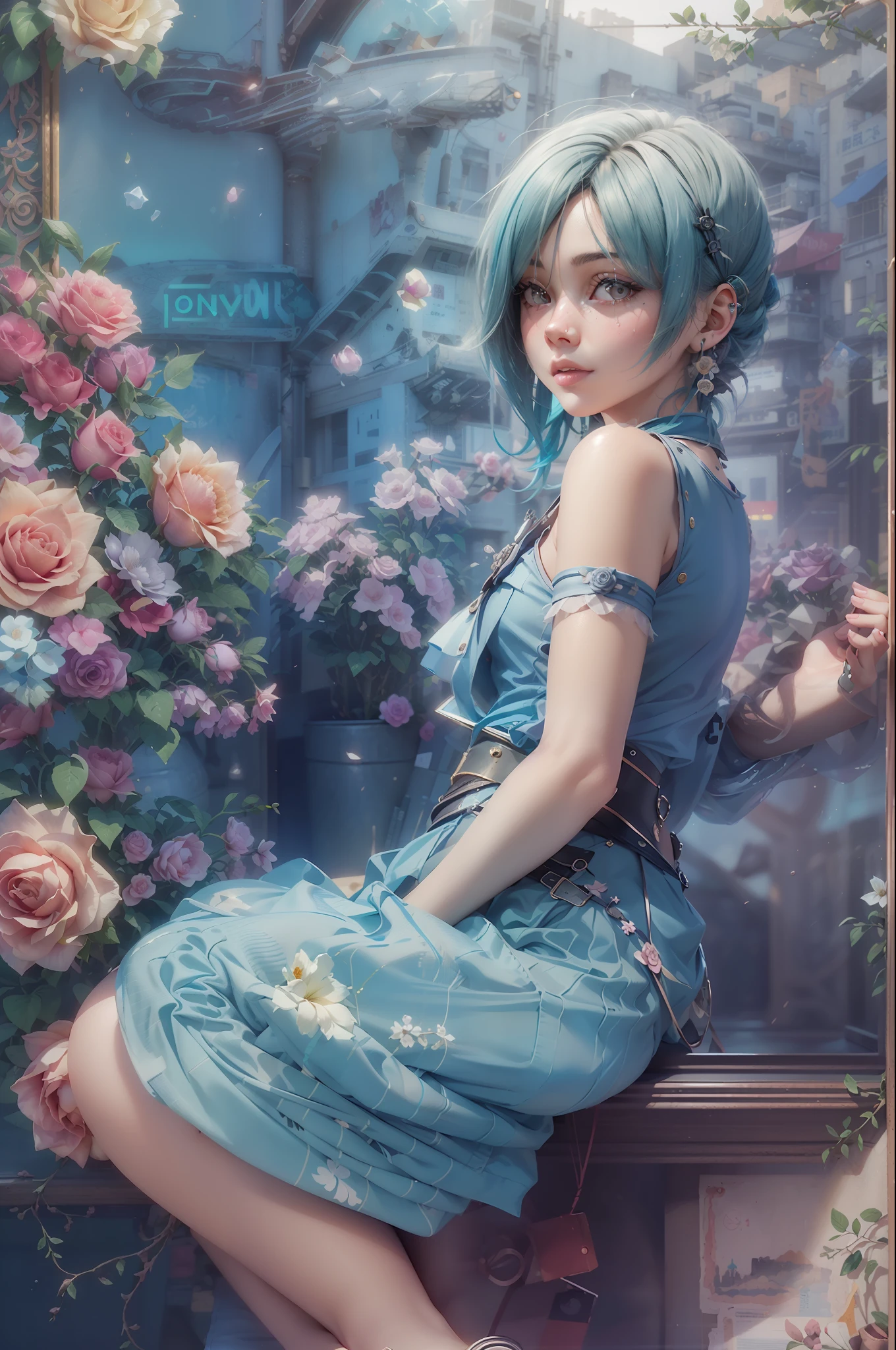 cool、urbane、art deco、Photographic portrait of beautiful women, Sony α7, 35mm Lens, f1.8、((Konmutsuki_gacha_series1, punk_rosette))), cute girl, aqua color flowers, (full body), elegant flowers background, realistic photo, beautiful woman, Beautiful girl, beautiful background, charming girls, realistic 3d style, photo realistic render