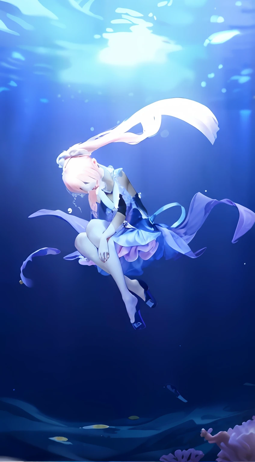 Girl floating in water in blue dress, Curled up girl，elegant floating pose, A pink-haired，cinmatic lighting,Masterpiece, Super detail, High quality, High details, A high resolution, 4K, Award-Awarded,Pink jellyfish，The corals，water bubbles，Small fish，Cinematic lighting, shadowing, filmgrain, Artistic portrait of a girl