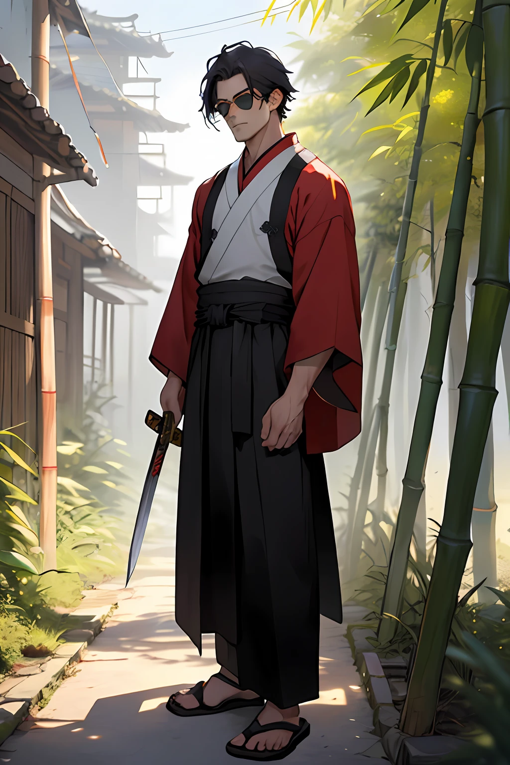 An ancient boy in red with a sword and a mighty posture,in style of hayao miyazaki,Cold light at the edges,Broad perspectives,Strongly contrasting,Chinese Hanfu,bamboos,Colorful shades,