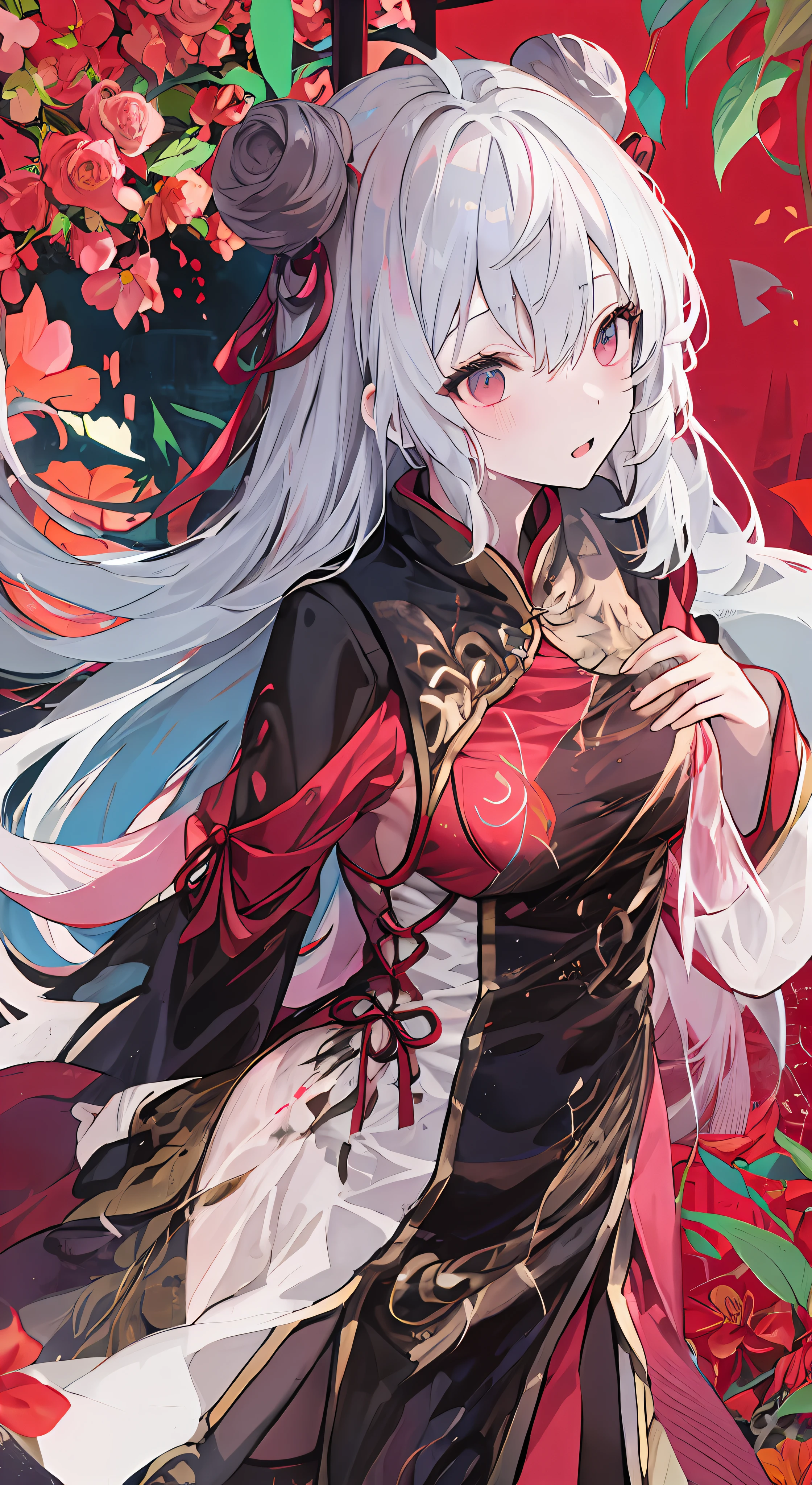 top-quality, Ink painting style, Fresh and elegant, Clear lake, orthofacial,Cute and shy,The cherry blossoms fall as the sun sets,White color hair, Black cheongsam golden pattern girl, Ride the flower wind to blow your head, A forest dotted with green leaves, Birds sing happily, A poetic scene