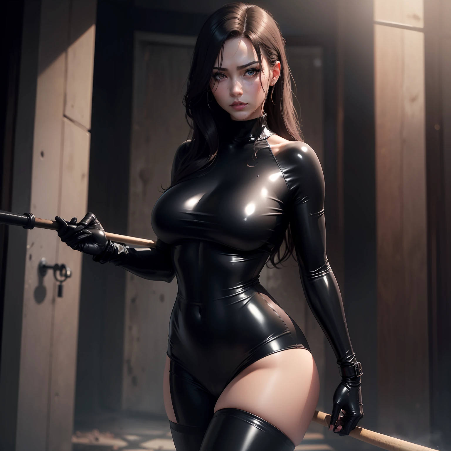 Full length photorealistic BDSM, Black Bondage,((Best Quality, 8k, Masterpiece:1.3)),(Layer Cut, Big:1.2), A beautiful 45 year old woman, Slim Figure: 1.4、high heeled boots, a serious expression on face, Crisp Focus: 1.2, Slender Abs:1.2、Wet Body:1.5、Highly Detailed Face and Skin Texture, Detailed Eyes ,Double Eyelids , pantyhose , sombre background , rubber latex gloves, ass , baseball bat in hand