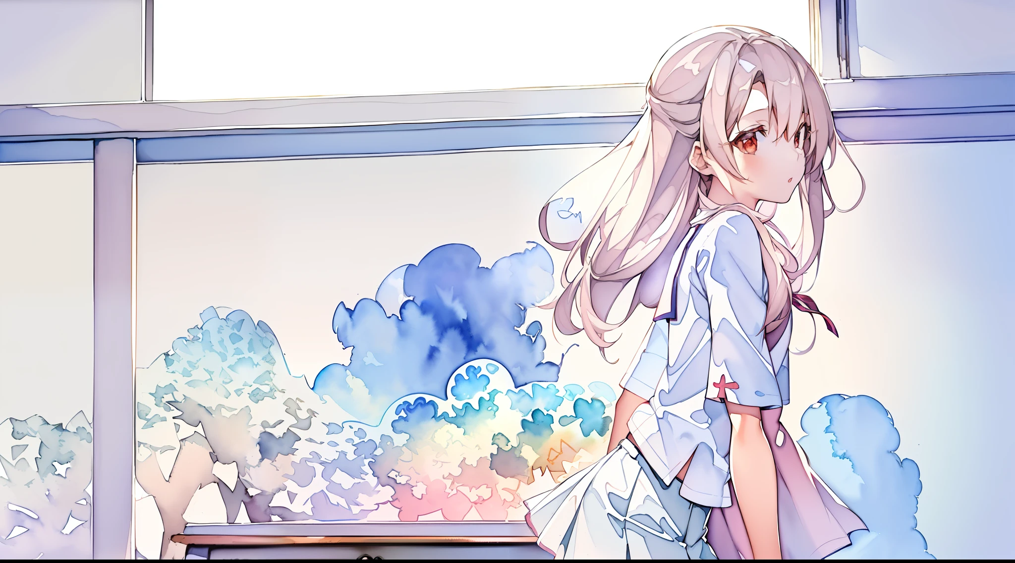 (masterpiece, top quality, best quality,watercolor (medium),official art, beautiful and aesthetic:1.2),(1girl:1.3), (fractal art:1.3),UniformIllya, Illya's School Uniform, Classroom, suprised