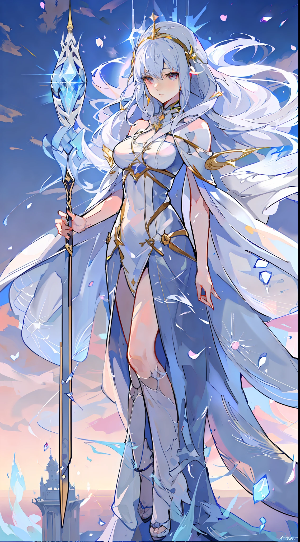 Anime girl standing on platform with staff and white dress, Anime goddess, Goddess of Light, ice sorceress, Beautiful celestial mage, ethereal anime, beautiful fantasy anime, high detailed official artwork, Anime fantasy illustration, queen of ice and storm, ((a beautiful fantasy empress)), trending on artstation pixiv, Goddess. Extremely high detail