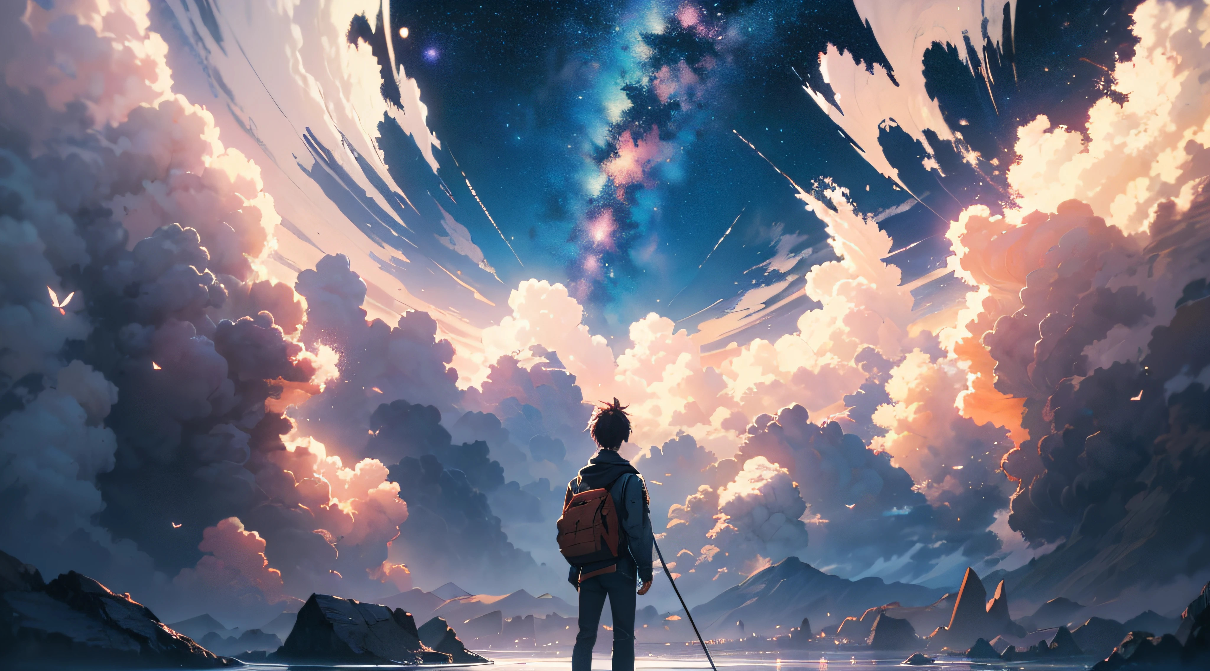 Ridiculous resolution, A high resolution, (Masterpiece:1.4), ultra - detailed, 1boy, looking from above, the space, afloat， ，depth of fields，maximum definition and sharpness，perfectly proportions，Fluttering clouds，Wallpapers，8K，dream magical， --v 6