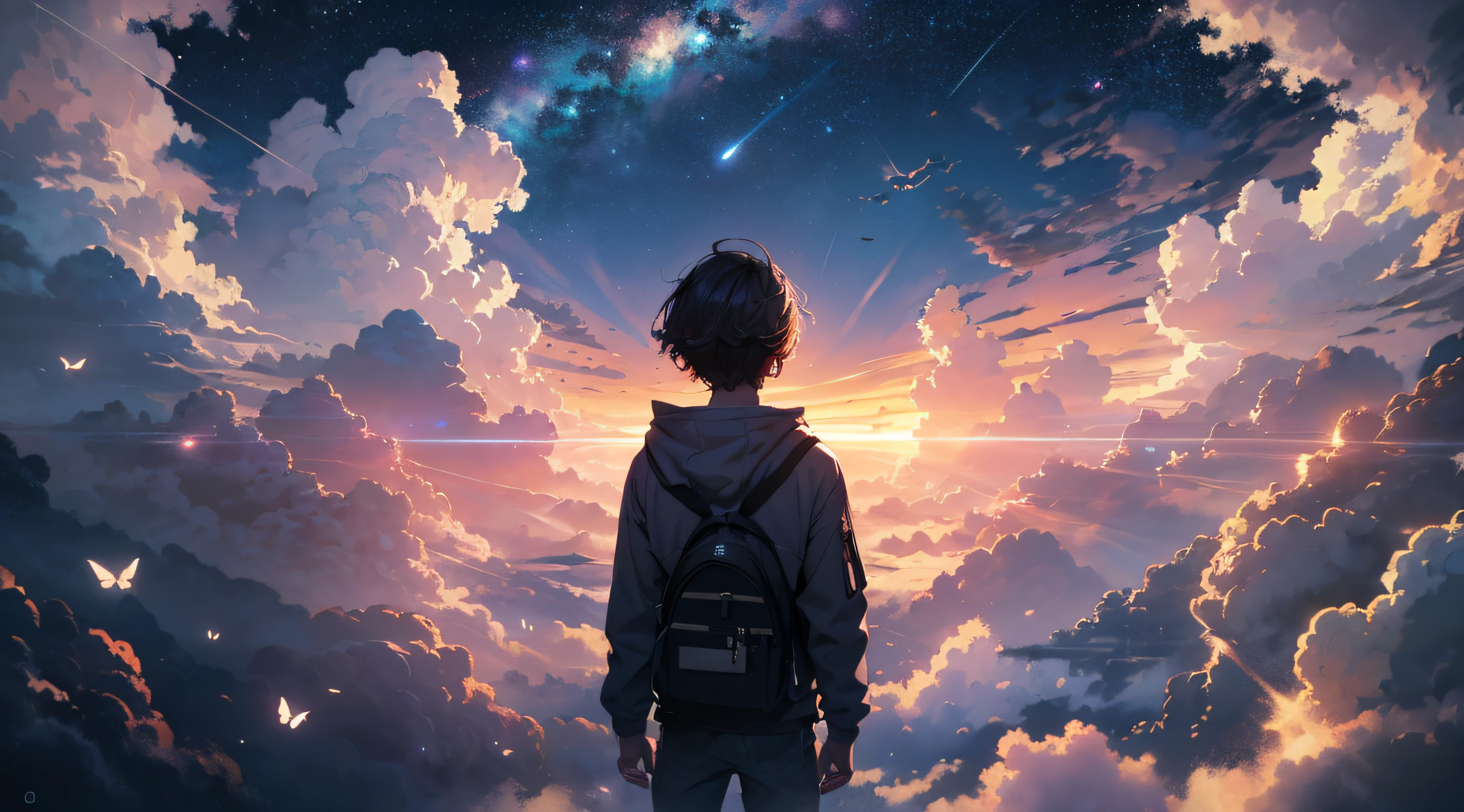 Ridiculous resolution, A high resolution, (Masterpiece:1.4), ultra - detailed, 1boy, looking from above, the space, afloat, ,depth of fields,maximum definition and sharpness,perfectly proportions,Fluttering clouds,Wallpapers,8K,dream magical, --v 6