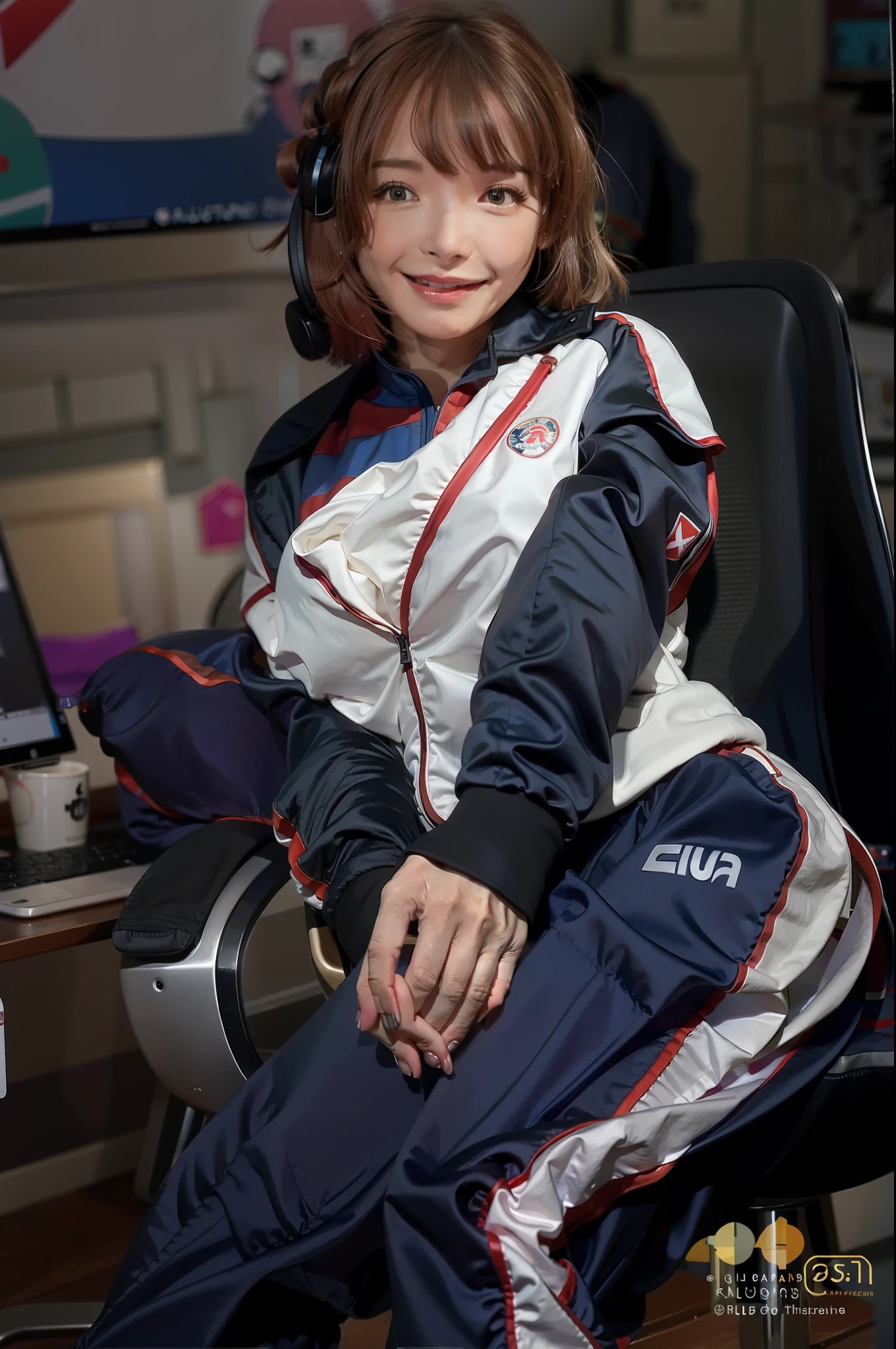 There is a woman sitting on a chair，Hold the computer, Wearing track suit, Wearing track suit, D. VA from Overwatch, Irelia, Casual pose, e-sport style, Irelia from League of Legends, Shot on Canon EOS R 6, Surrealism female students, wearing tight suit, cyber school girl, holding a pudica pose