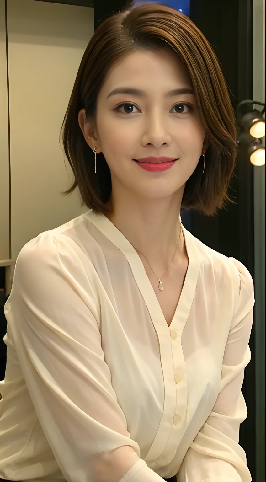 The highest image quality、超A high resolution、1girl in、beautiful countenance、Shorthair、Announcer wearing silk long sleeve blouse、Sitting in the studio、Wearing earrings、