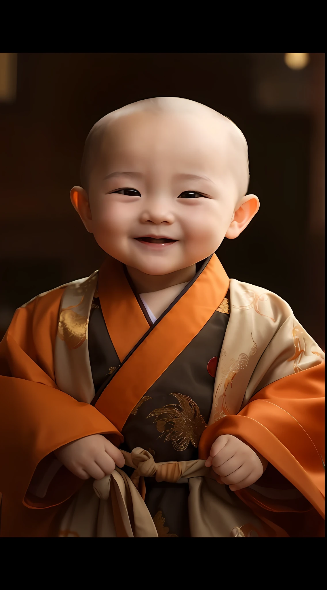 Close-up of a smiling in a robe, lovely digital painting, monk clothes, Innocent smile, Cutey, wan adorable korean face, little shy smile, a serene smile, ancient japanese monk, With a happy expression, Wearing ancient Chinese clothes, Traditional Chinese clothing, Chinese traditional, he is happy, beautiful and smiling, high quality portrait, Sweet smile