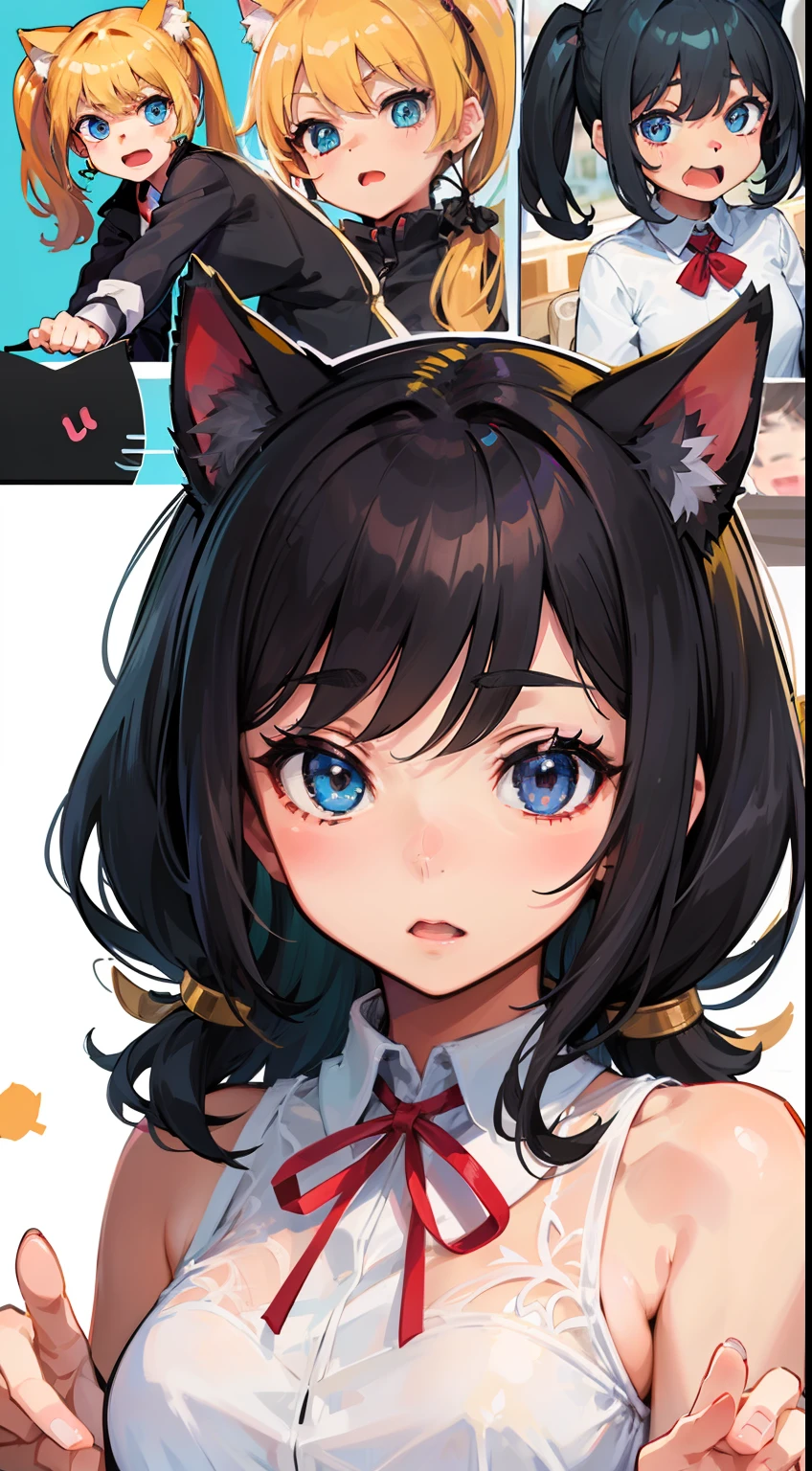 Cute little girl s、Emoticon pack、9 emojis、emoji sheet、Multiple poses and expressions、anthropomorphic style、Black strokes、various emotions、Multiple Poses and Expression、Cat's ears、poneyTail