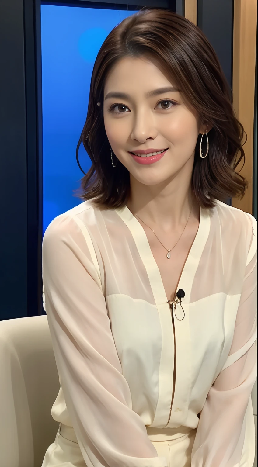 The highest image quality、超A high resolution、1girl in、beautiful countenance、Shorthair､Announcer wearing silk long sleeve blouse、Sitting in the studio、Wearing earrings、