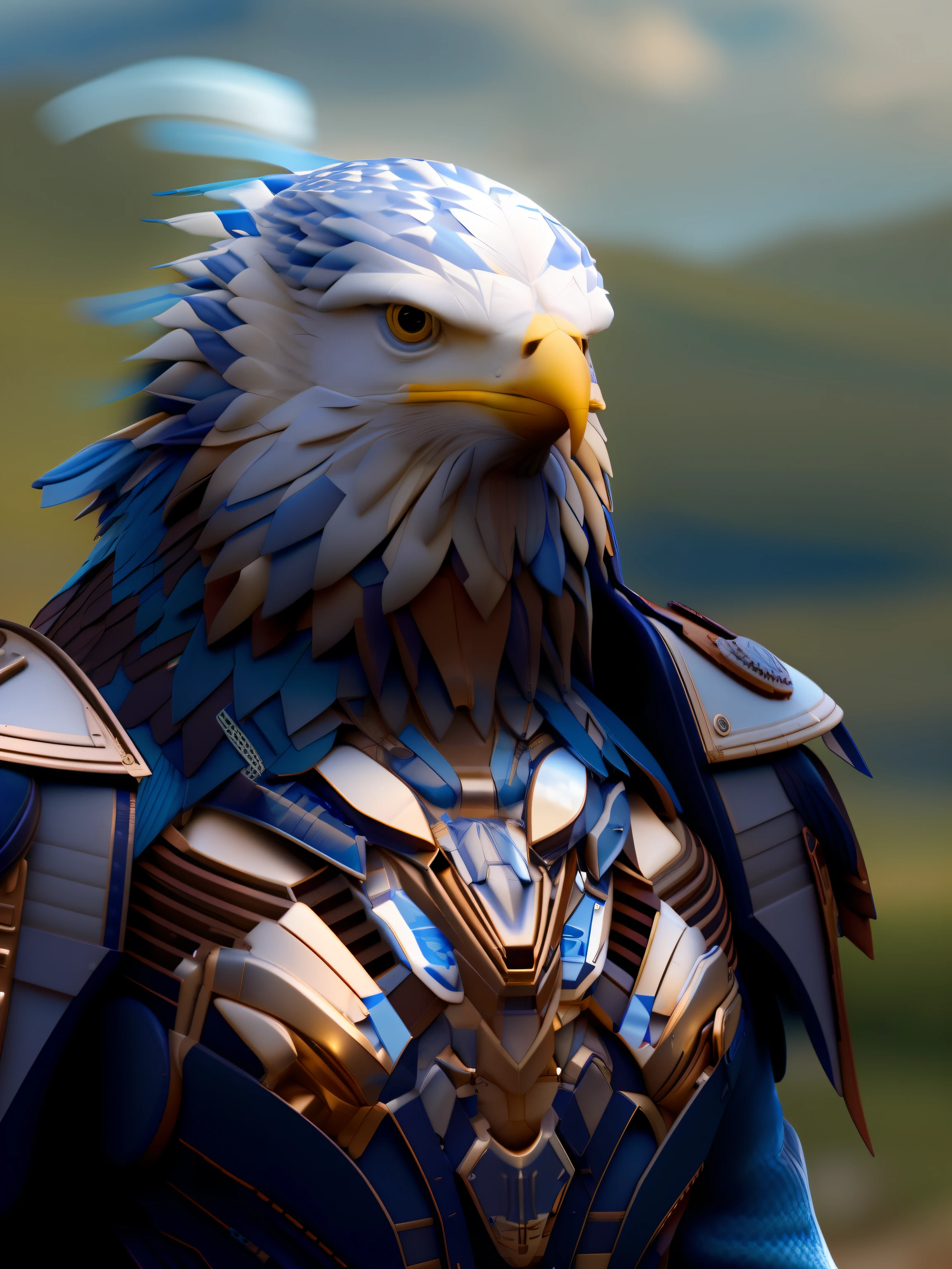 FKING_Scifi, Award-winning photographic portrait of a Blue and White Wereeagle Eagle, vestindo uma armadura azul e prateada, fundo deserto ensolarado, big forhead, detalhes intrincados