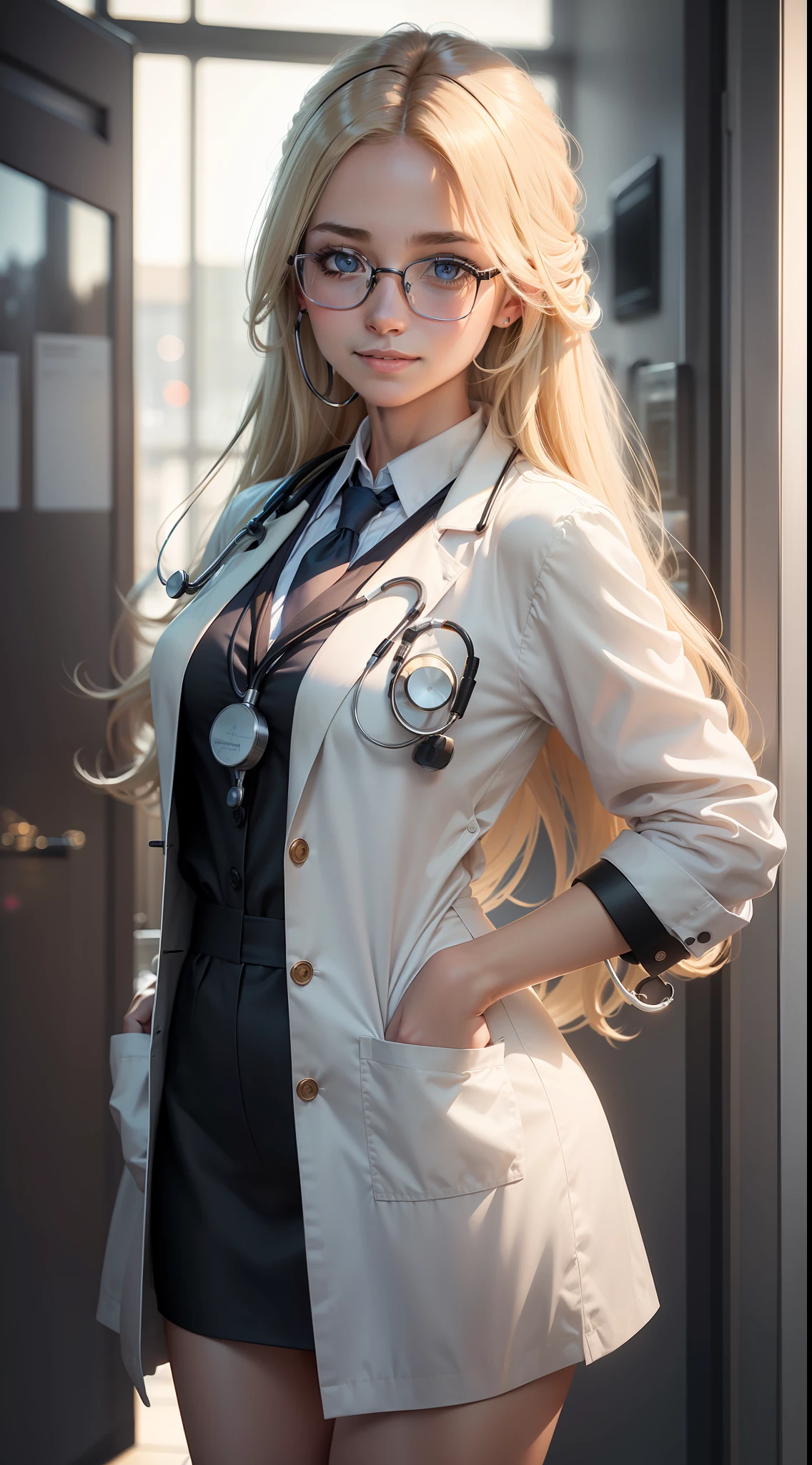 shopping mall, long blonde fringed hair, brown eyes, 1 girl, doctor, stethoscope at neck, smile, innocent, 100mm lens, (realistic, lens glare:1.4), look right, as doctor, uniform, (intricate details: 1.2), (masterpiece, :1.3), (best quality: 1.4), (ultra high resolution: 1.2), super high resolution, (detailed eyes), (detailed facial features), HDR, 8k resolution, (stethoscope), farsightedness, reflections on the floor, Low cut open cloth