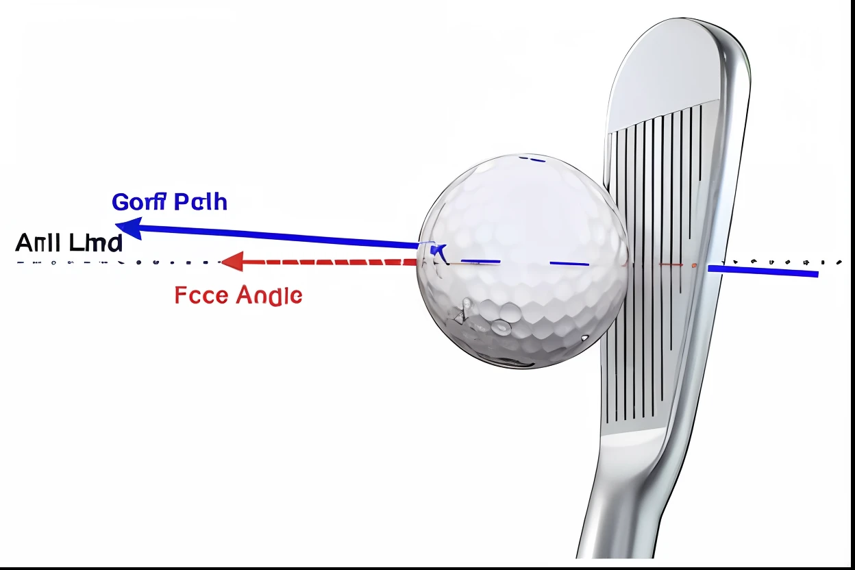 a golf ball is being hit by a golf club, angle face, forward angle, long shot angle, forward facing angle, overhead angle, tilt up angle, shooting angle from below, ground up angle, ground angle, dynamic angle, narrow angle, launching a straight ball, tilted angle, centered face shot, front face asymmetrical, angle, dynamic angled shot