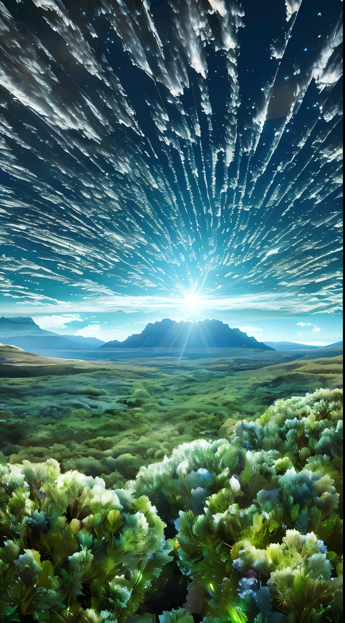 Illustration of a surreal, otherworldly, hyper sky scene including a giant crystal tree full body, highly detailed and magical lighting, intricate forest details, vegetation and surrounding river, solar punk, landscape, giant tree , beautiful green leaves, beautiful lighting and realistic proportions, as if this is a movie background, 8k, highest quality, masterpiece, clouds and stars in the sky.