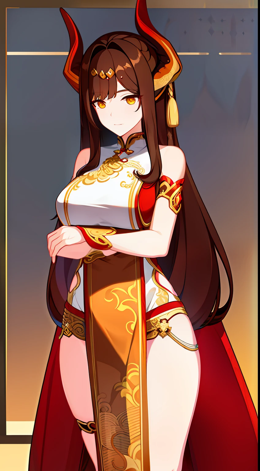 Tall girl, Long brown hair, dragon horns, Yellow eyes, white chinese dress, Gold inserts, open thighs, neckline on the chest, Masterpiece, hiquality