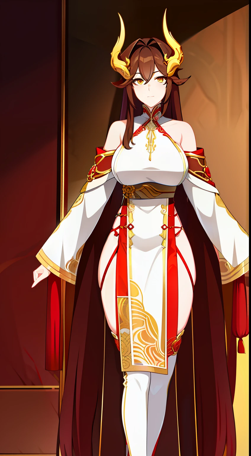 Tall girl, Long brown hair, dragon horns, Yellow eyes, white chinese dress, Gold inserts, open thighs, neckline on the chest, Masterpiece, hiquality