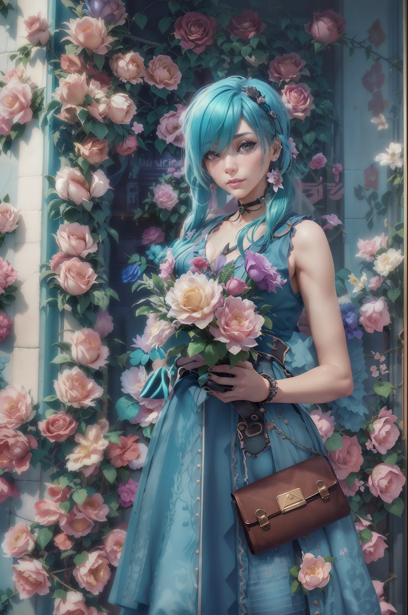 cool、urbane、art deco、Photographic portrait of beautiful women, Sony α7, 35mm Lens, f1.8、((Konmutsuki_gacha_series1, punk_rosette))), cute girl, aqua color flowers, (full body), elegant flowers background, realistic photo, beautiful woman, Beautiful girl, beautiful background, charming girls, realistic 3d style, photo realistic render
