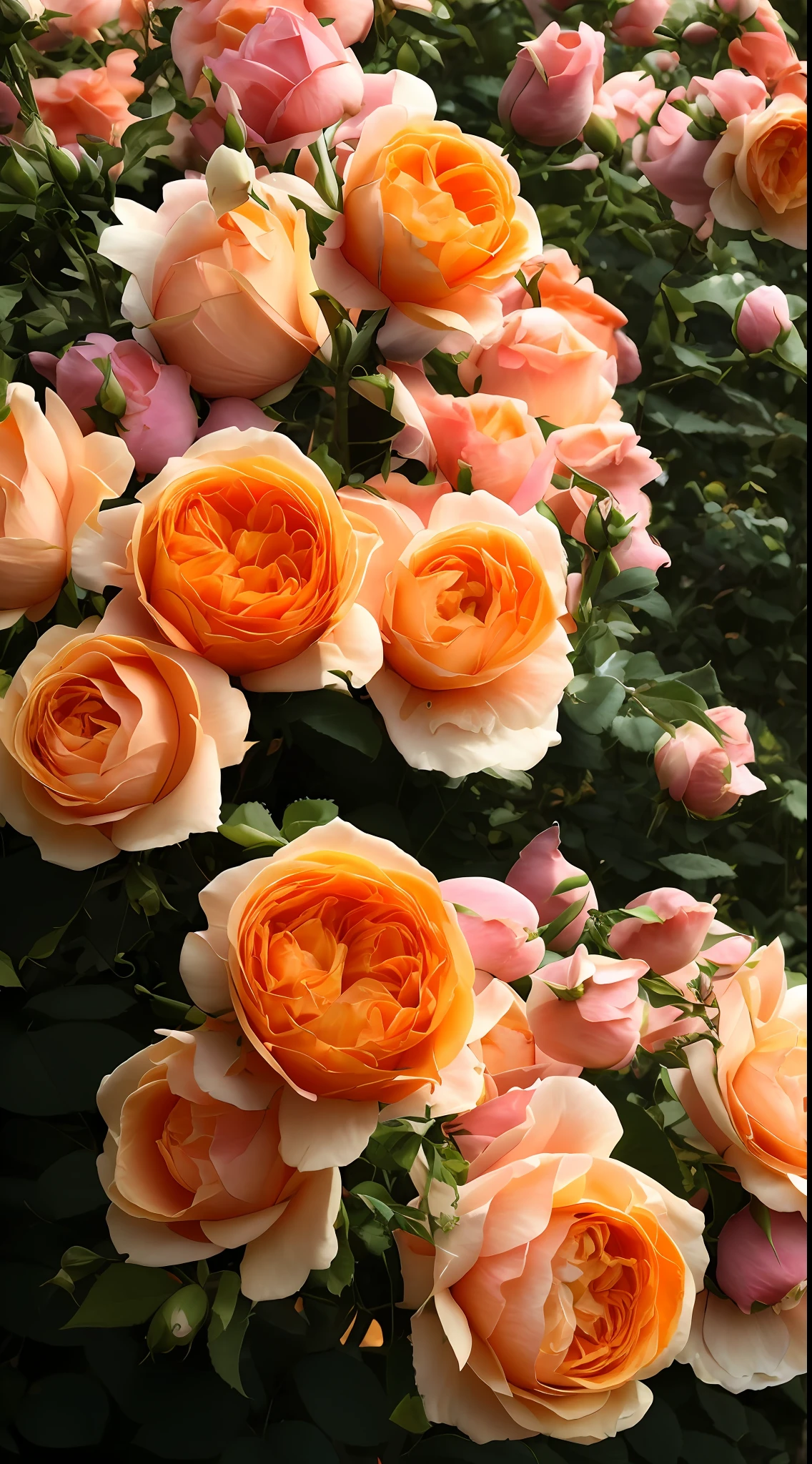 There is a large clump of orange roses in the garden, rosa bonheurn, rose-brambles, crown of peach roses, Rozen Maiden, crown of mechanical peach roses, Rose, Rose garden, beautiful aesthetic, orange blooming flowers garden, Incredibly beautiful, rose twining, Just beautiful, rosette, pink orange flowers, stunningly beautiful, Beautiful image, in shades of peach