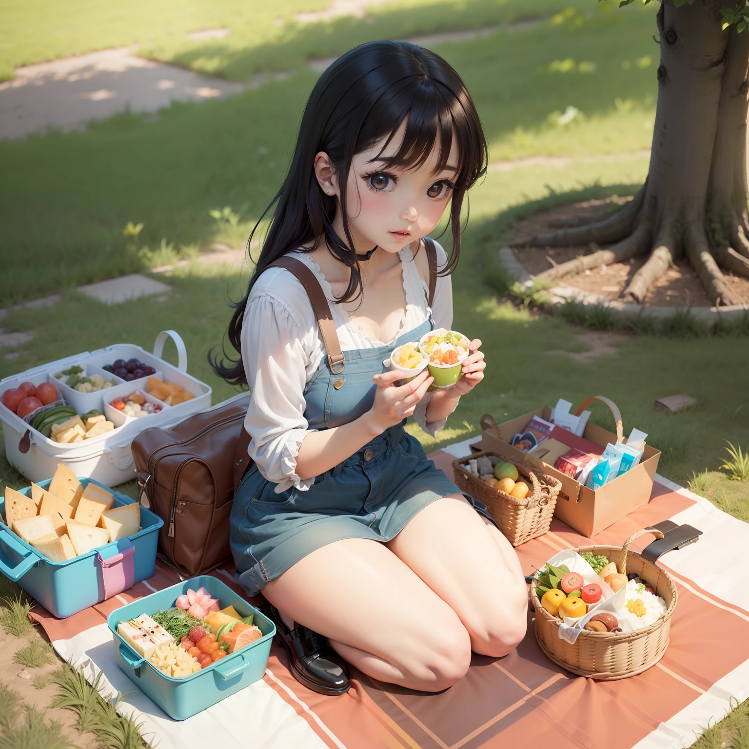 a cute anime sit on ground and picnic with alot of food and bento