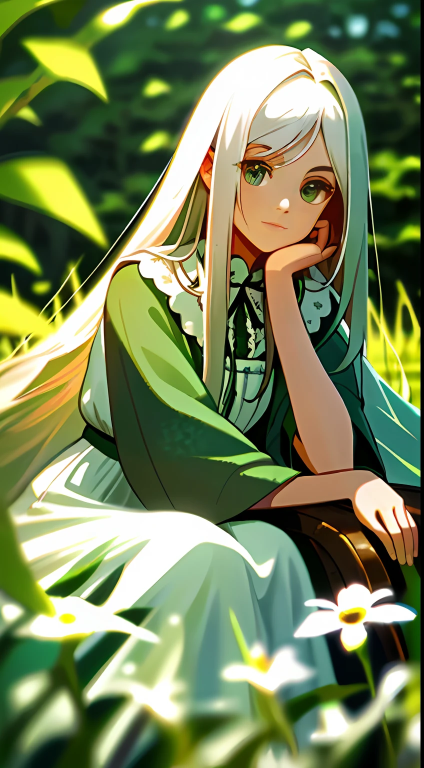 (masterpiece, best quality),1girl with long white hair sitting in a field of green plants and flowers, her hand under her chin, warm lighting, white dress, blurry foreground
