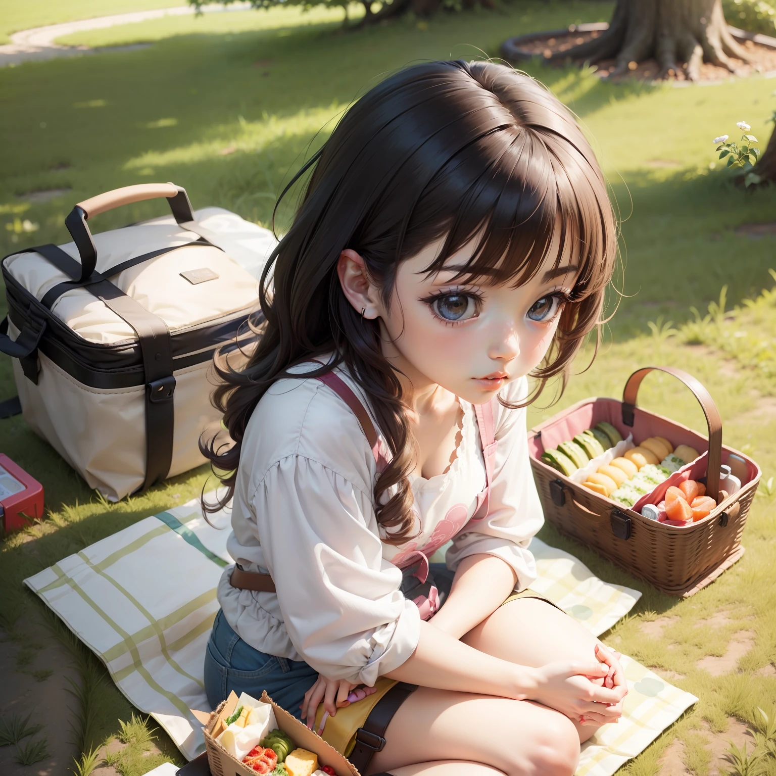 a cute anime sit on ground and picnic with alot of food and bento