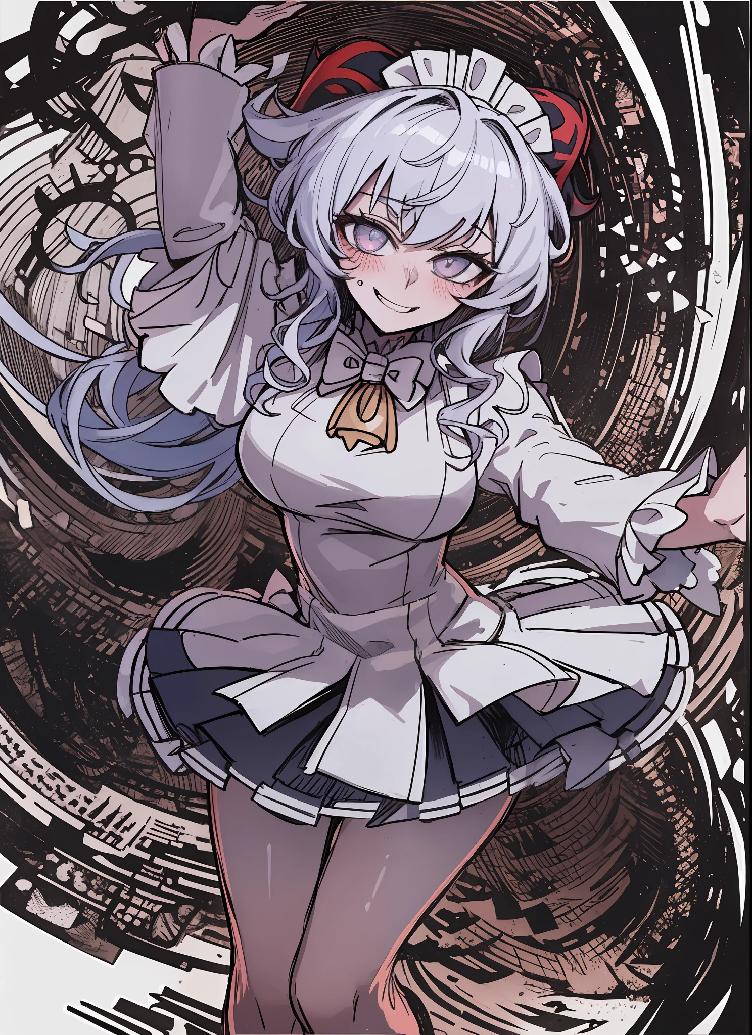 (white background:1.4), (masterpiece, best quality:1.2), (solo), (1girl), best quality, (photorealistic:1.4),ultra detailed, solo, (full body:1.5), looking at viewer, cave, arms up, ganyu \(genshin\), love in eyes, double ponytail, bow hairpins, blushing, smug, smile, drooling, rolling eyes, white bow tie, maid outfit, long sleeves, miniskirt, large breasts