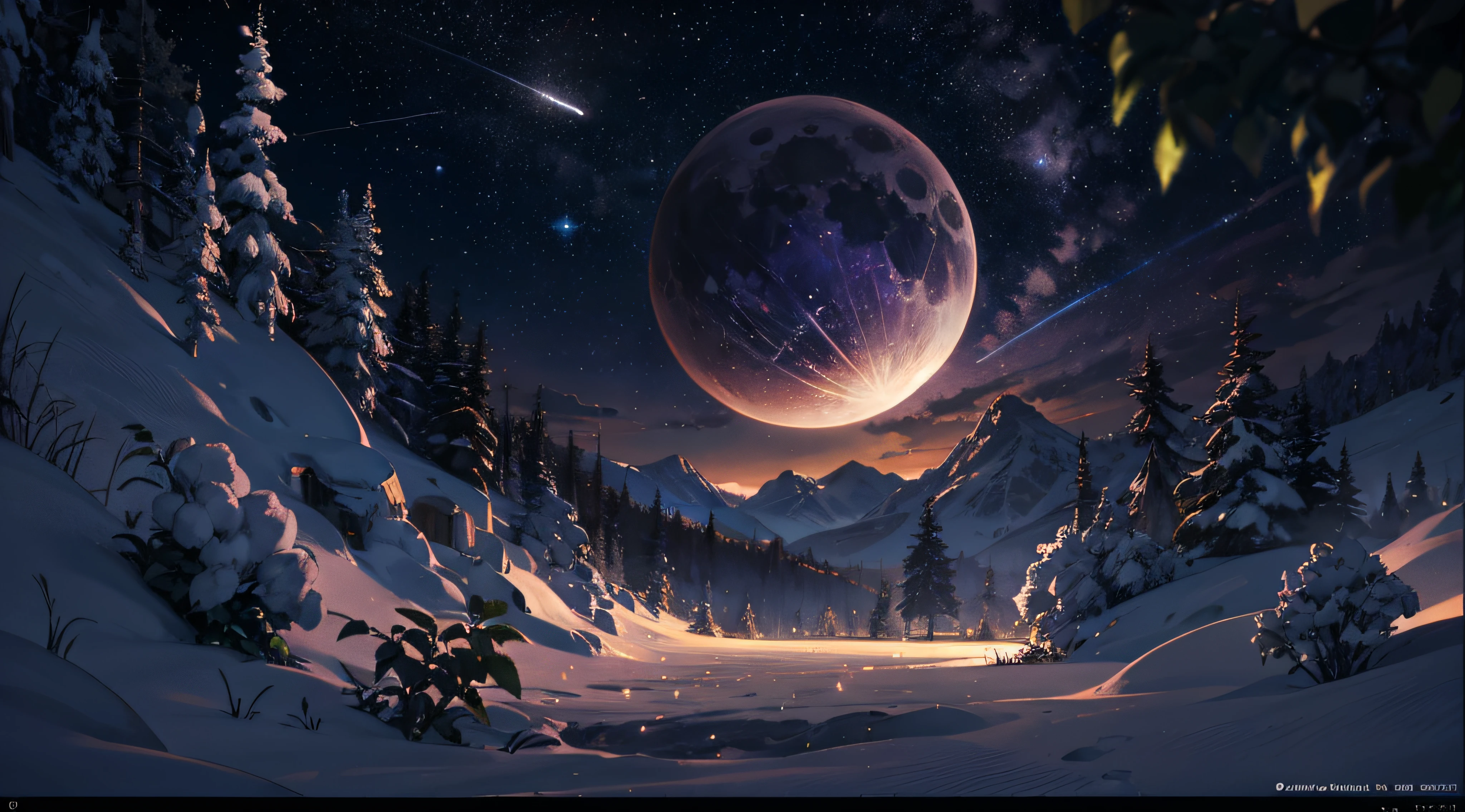 Expansive landscape photograph,(moon full:1.2),(meteors:0.9),(Starcloud:1.3),(Warm light source:1.2),(glowworm:1.2),lamp lights,Lots of purple and orange,Complicated details,Volumetriclighting,Realism BREAK(tmasterpiece:1.2),(best qualtiy),8K,Ultra-detailed,(dynamic compositions:1.4),The is very detailed,Colorful details,(Irridescent color:1.2),(luminouslighting,Atmospheric lighting),dream magical,magical,(独奏:1.2),((best qualtiy)), ((tmasterpiece)), (the detail:1.4),depth of fields,maximum definition and sharpness,perfectly proportions,Fluttering clouds,Wallpapers