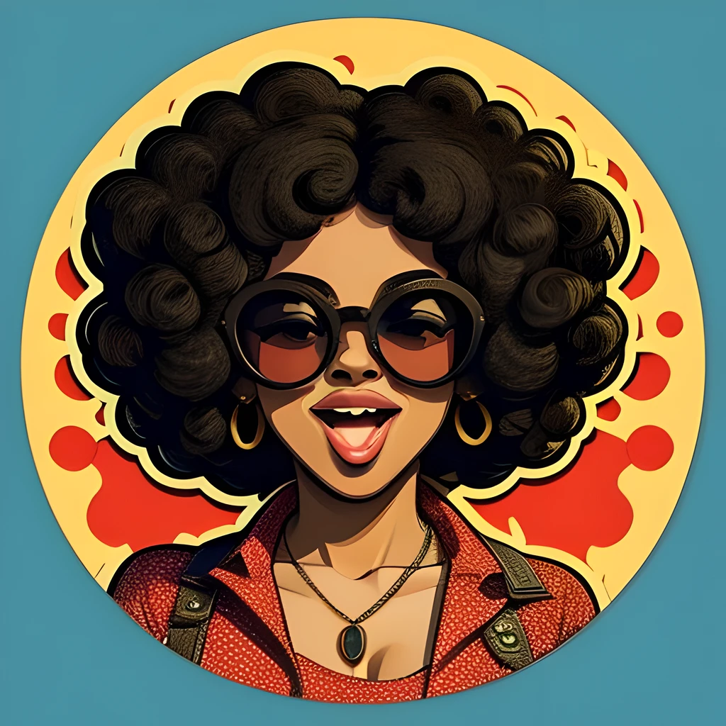 Sticker Wow pop art face. woman with black afro curly hair and open mouth and sunglasses , Vector background in pop art retro comic dots style