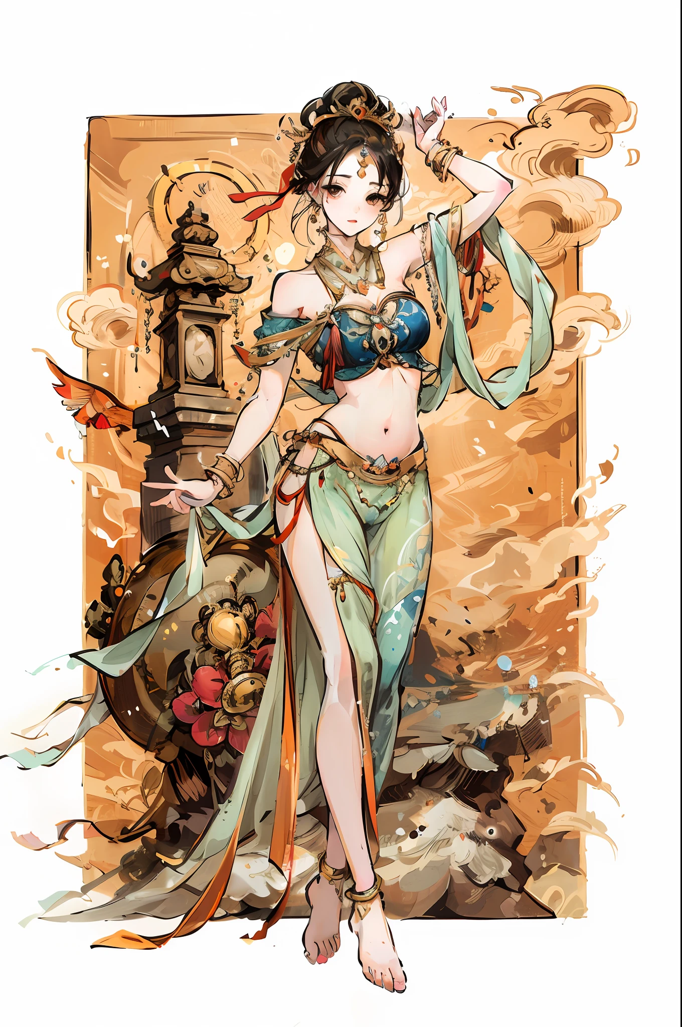 Woman in belly dance costume, full color illustration,